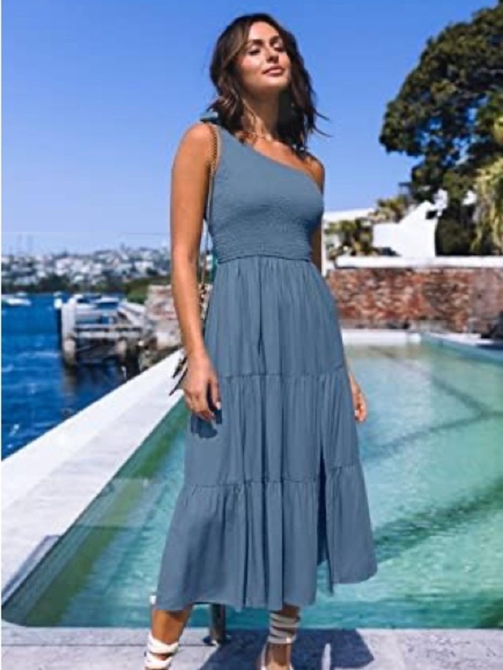 Merokeety Blue One Shoulder Maxi Dress